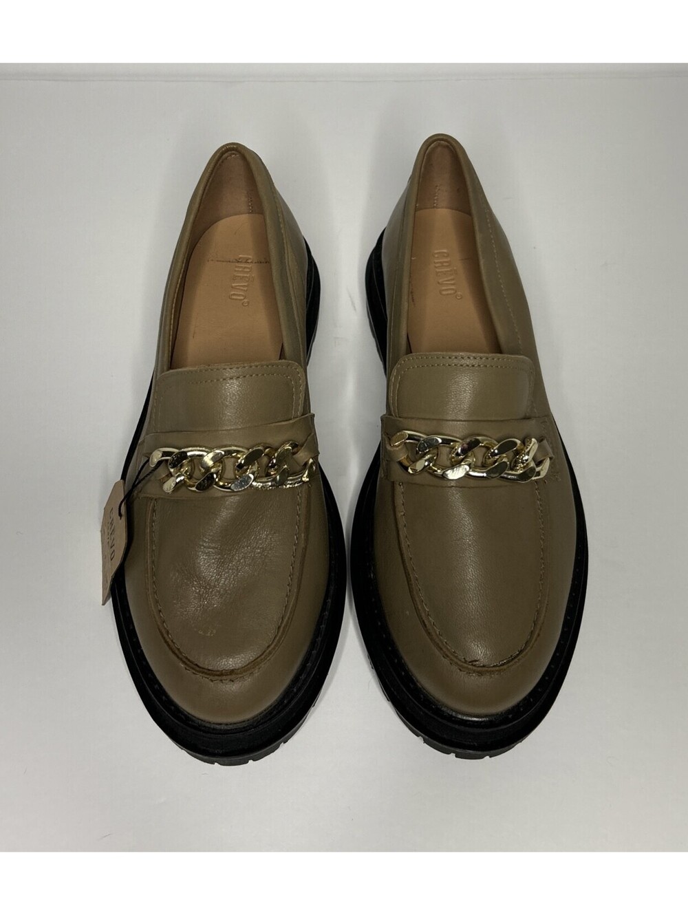 Crevo Francine Leather Chunky Lug Sole Loafer Taupe Gold Chain Women's 8.5